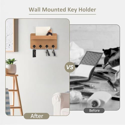 Nekon Key Holder Wall Mount, 8.5 Inch Small Wooden Wall Organizer, Wood | Rustic Wall Shelf, Farmhouse Key and Mail Holder for Living Room Entryway Kitchen - color: Wood