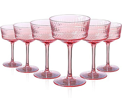 Pink Coupe Cocktail Glasses set of 6 - Ribbed Coupe Cocktail Glasses 9oz, Unique Cocktail Glass for Bar, Martini, Impressive Cocktail Party Glasses - color: Pink
