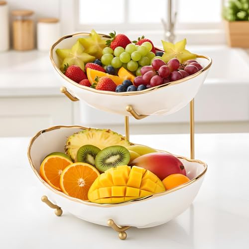 White Fruit Bowl with Gold Metal Stand, 2 Tier Modern Ceramic Fruit Bowl Fruit Rack for Kitchen Counter, Tiered Fruit Basket for Snacks Bread Candy Storage (White A,2 Tier) - color: White A,2 Tier