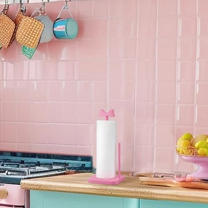 Leinuosen Pink Bow Paper Towel Holder Coquettish Cute Bow Wooden Paper Towel Holder Pink Bathroom Countertop Accessories Kitchen Roll Stand Organizer Standing Apartment Decor Housewarming Gift - style: Bow