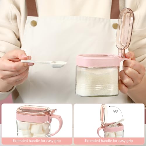 3 Pcs Sugar Coffee Container Set 16 oz Glass Condiment Jar Spice Container Coffee Station Organizer Set with Label Stickers Scoop for Bean and Sugar Candy, Oats, Nuts(Pink) - color: Pink