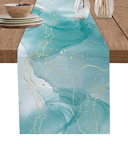 Marble Lines Table Runner-Cotton Linen-90 Inch Holiday Dresser Scarves, Teal Golden Marble Ombre Color Tablerunner for Kitchen Coffee/Dining Bedroom Home Living Room Dinner Scarf Décor - color: Marble, size: 13x90 Inch