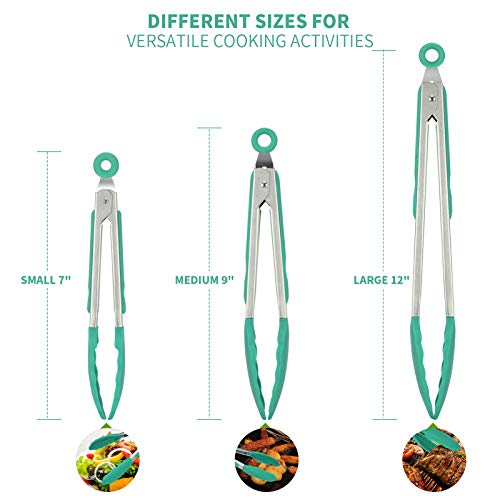U-Taste 600℉ Heat Resistant Food Grade Non Stick Firm Cooking Tongs Set of 3, and 600ºF Heat Resistant 11.38in Flexible Non-Stick Spatula & Spoon Spatula Set of 2 (Aqua Sky)