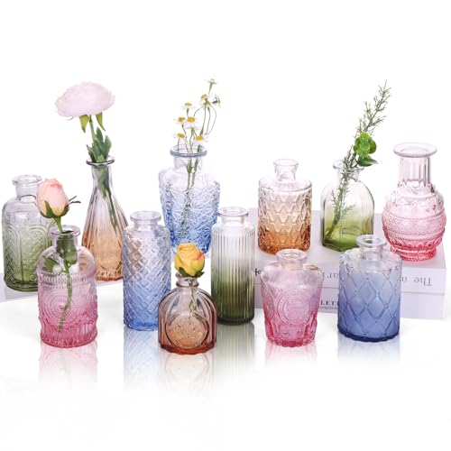 CUCUMI 12pcs Bud Vases for Centerpieces, Colorful Vintage Glass Vase Set | Small Colored Vintage Vases for Centerpieces, Decorative Flower Vases for Wedding Home Table Decor(Amber, Blue, Green, Pink) - color: Multicolor, size: 12pcs