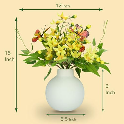HOSY Freesia Bouquet in Ivory Ceramic Vase, Artificial Flower Arrangements | Silk Flower & Butterfly, Table Centerpiece Decoration, Display Size 10" High & 13.5" Wide, No Upkeep