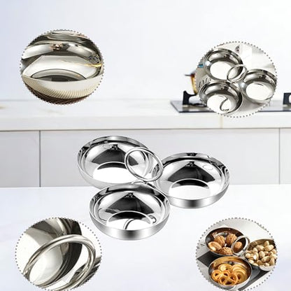3-in-1 Stainless Steel Snack Bowls, Serving Tray for Nuts & Candy | Durable 304 stainless steel snack tray with 3 connected bowls, keeps nuts, candy and appetizers organized for parties.