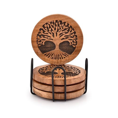 Kimona Coasters Set of 4 Handmade Round Wooden Tree of Life Coasters for Drinks with Iron Holder for Any Table Type for Bar Kitchen Home Apartment (4" x 4" x 0.5")
