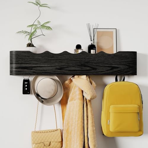 Coat Rack Wall Mount with Shelf 5 Hidden Hooks Modern Wooden Key Holder Entryway Organizer for Hallway Bedroom Bathroom Home Decor Storage for Hanging Coats Hats Bags Towels, Wave-Shape Black - color: Black Wave-Shape, size: 5 Hooks