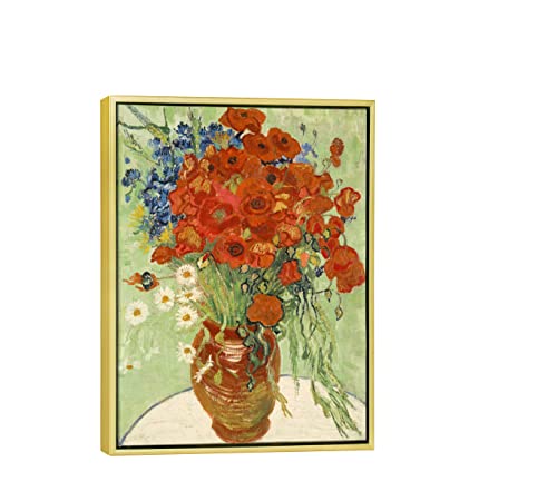 Wieco Art Framed Wall Art Canvas Prints of Red Poppies and Daisies Canvas Prints Wall Art of Van Gogh Paintings Reproduction Abstract Artwork for Wall Decor Golden Frame - size: 16"L x 12"W