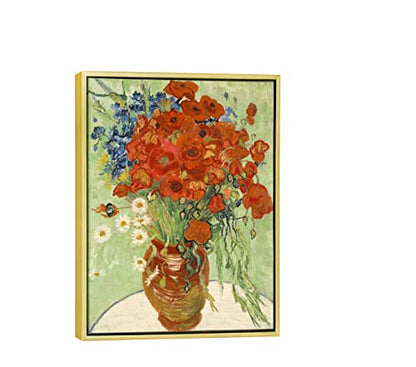Wieco Art Framed Wall Art Canvas Prints of Red Poppies and Daisies Canvas Prints Wall Art of Van Gogh Paintings Reproduction Abstract Artwork for Wall Decor Golden Frame - size: 16"L x 12"W