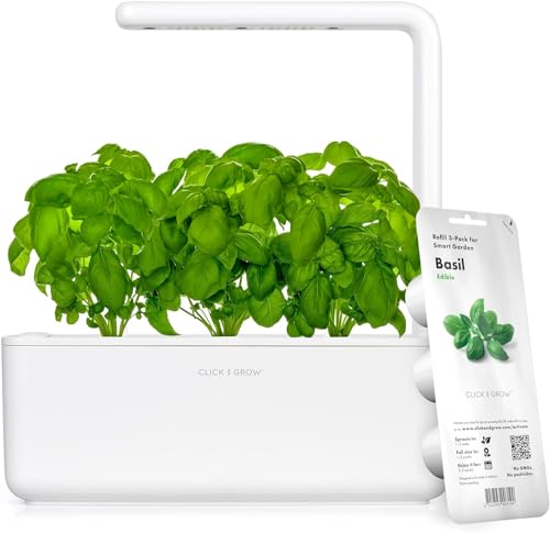 Click & Grow Indoor Herb Garden Kit with Grow Light | Smart Garden for Home Kitchen Windowsill | Easier Than Hydroponics Growing System | Vegetable Gardening Starter (3 Basil Pods Included), White | Easier than a hydroponic growing system. Patented Smart