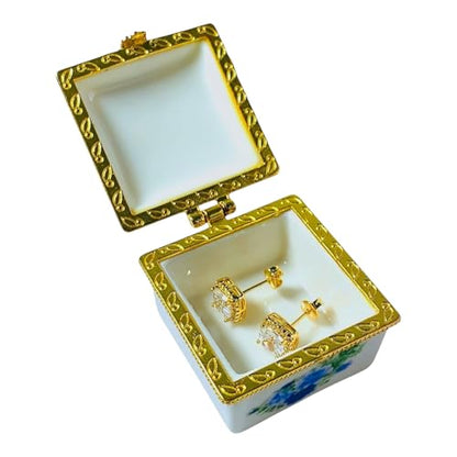 Tiny Square Porcelain Trinket Box | Blue Rose Bouquet | French Style Gift Box with Velvet Bag - style: Blue Rose Bouquet Square
