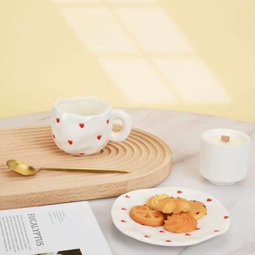 Koythin 10oz Ceramic Mug With Saucer, Small Red Heart Couple Latte Tea Cup | 300ml Heart Pattern Cup, Safe For Microwave & Dishwasher; Couple Cup - color: Small Red Heart