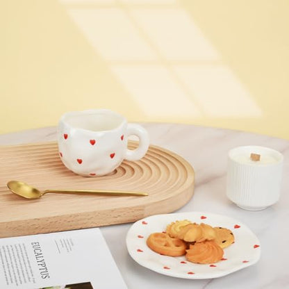 Koythin 10oz Ceramic Mug With Saucer, Small Red Heart Couple Latte Tea Cup | 300ml Heart Pattern Cup, Safe For Microwave & Dishwasher; Couple Cup - color: Small Red Heart
