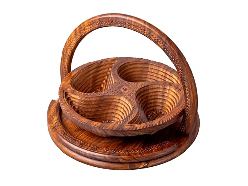 Handmade 14″ Collapsible Wooden Basket, 4-Compartment Paisley Design in Himalayan Rosewood – Fruit Basket, Bread Bowl & Trivet – Folds Flat for Easy Storage – Unique Centerpiece & Gift