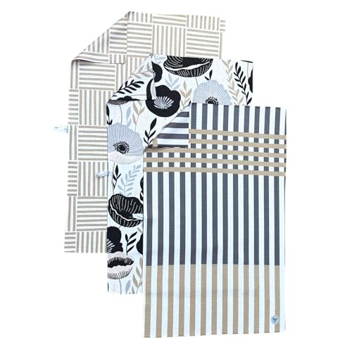 Kitchen Towels, Dish Towels for Kitchen, 3 Pc Kitchen Towel Set | Microfiber Waffle Towels, 16 x 26 inches, with Hanging Loops, Reusable Tea Towels, Cute Kitchen Towels - 3 Pack - color: Tan/ Gray