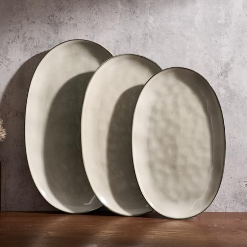 famiware Serving Platters Set of 3 Sizes - Oval, Light khaki | 15.59"/14.3"/12.9" Fine Stoneware Serving Trays for Party, Entertaining for Food, Turkey, Cheese, Microwave Dishwasher Safe - color: Light khaki