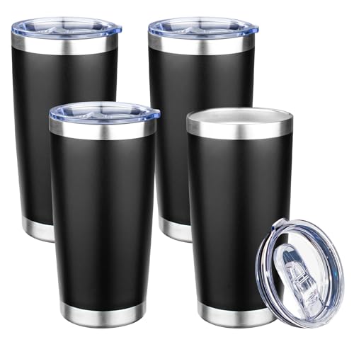 20oz Tumbler with Lid Double Wall Vacuum Insulated Travel Coffee Mug Stainless Steel Thermal Cup Powder Coated Sturdy Coffee Tumbler Bulk for Hot and Cold Beverage (Black,4) - color: Black, size: 20 Ounces (4 Pack)