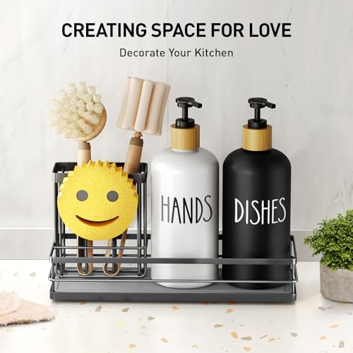 Moforoco Kitchen Dish Soap Dispenser Set, 16OZ Glass Bottle, Hand and Dish Soap Dispenser Set, Instant Dry Tray, Brush Holder with Smiley Face Sponge Holder (Black Tray+Black&White Bottle) - color: Black Tray+black&white Bottle