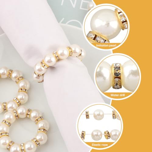 60 Pcs Pearl Napkin Rings Set - Elegant Faux Rhinestone Beaded Napkin Holders, Serviette Buckles for Cloth Napkins, Weddings, Banquets, Holiday Dinner Parties & Table Decor
