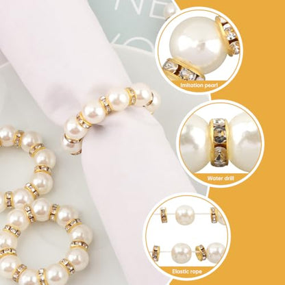 60 Pcs Pearl Napkin Rings Set - Elegant Faux Rhinestone Beaded Napkin Holders, Serviette Buckles for Cloth Napkins, Weddings, Banquets, Holiday Dinner Parties & Table Decor