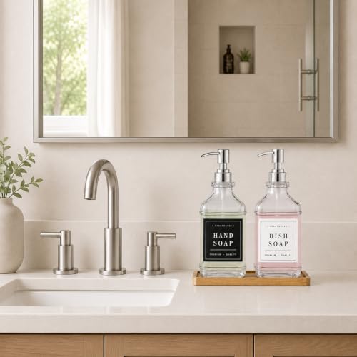 Clear Glass Soap Dispenser Set: Modunful 2 Pack 16.9oz Countertop Soap Dispenser with Bamboo Tray, Silicone Funnel & 60 Waterproof Stickers - for Kitchen Bathroom - color: Dm2647-silver