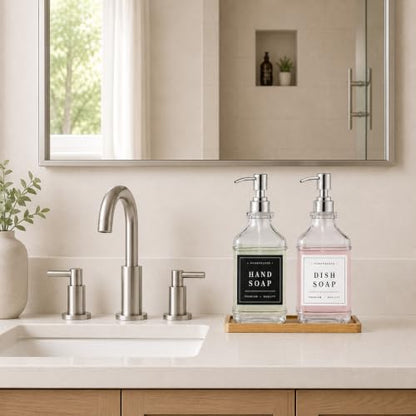 Clear Glass Soap Dispenser Set: Modunful 2 Pack 16.9oz Countertop Soap Dispenser with Bamboo Tray, Silicone Funnel & 60 Waterproof Stickers - for Kitchen Bathroom - color: Dm2647-silver