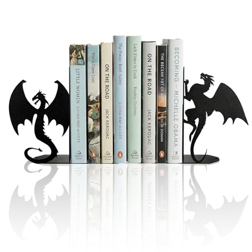 Dragon Bookends Decorative Metal Book Ends for Shelves, Unique Office Desk Bookends Cute Stoppers Reading, Bookshelf Decor for Office School Bedroom Gift for Dragon Lovers and Reading Enthusiasts - color: Black Dragon