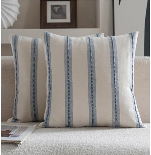 Cethom Boho Throw Pillow Covers 20x20 Set of 2, Beige and Blue Striped Decorative Pillow Cases for Couch Chair Bed, Textured Farmhouse Accent Cushion Covers for Living Room Bedroom Sofa Home Decor - color: Classic Blue, size: 20" x 20" (Pack of 2)