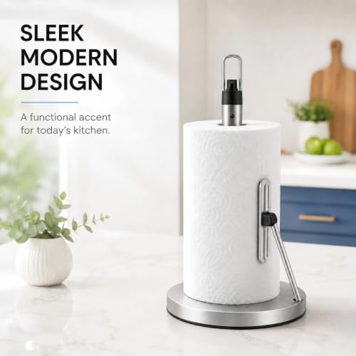 Paper Towel Holder with Spray Pump, All-in-One Countertop Paper Towel Stand with Refillable Bottle, One-Handed Tear Kitchen Roll Holder, Weighted Base, Brushed Stainless Steel(Nickel) - color: Nickel