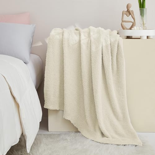 Super Soft Twin Size Beige Knit Throw Blanket - Lightweight Plush Fuzzy Fluffy Warm Cozy Blankets and Throws for Sofa Bed All Season Use, 60x80 inches - color: Beige, size: Twin(60"x80")