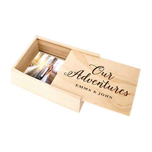 Koyal Wholesale Custom Engraved Cursive Our Adventures Wedding Keepsake Box, 4 x 6 -inch, Custom Names, Natural Wood Keepsake Box with Lid, Gift for Him & Her Photo Album Memory Gift Box - color: Cursive Our Adventures