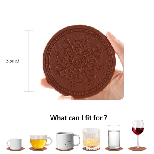 Coasters Set of 6 - PU Leather Coasters for Drinks with Holder - Brown - color: Brown