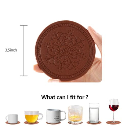 Coasters Set of 6 - PU Leather Coasters for Drinks with Holder - Brown - color: Brown