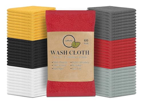 100% Cotton Washcloths 60 Pack (12x12 Inches) Soft, Highly Absorbent Washcloth, Face Towels, Wash Cloths for Face, Ring Spun, Bulk Pack (Assorted) - color: Assorted, size: 60 Pack