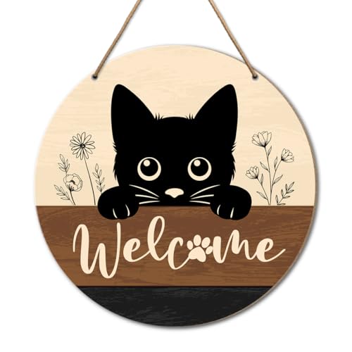 Black Cat Welcome Sign Decor for House Front Door, Cat Lover Gifts Welcome Wood Hanging Door Sign Decorations for New Home Apartment Entryway Yard Wall - color: Q