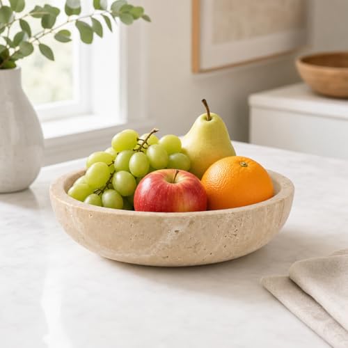 Natural Travertine Decorative Bowl for Coffee Table – 7.8”Handmade Beige Stone Fruit Bowl, Key Bowl for Entryway Table, Modern Catchall Tray, Vanity Jewelry Dish, Rustic Home Decor Centerpiece