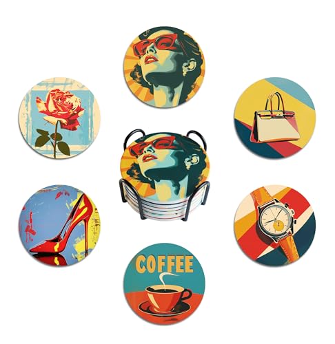 1950's American Art Retro Coasters Set of 6 with Cork Base and Holder - Cute Absorbent Round Ceramic Aesthetic Drink Coasters Set for Table Decor, Housewarming Gift for Room Bar Decor - color: Vintage