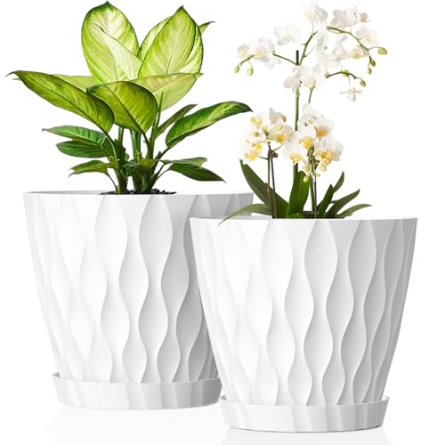 UOUZ 8 Inch Plant Pots, 2 Pack Plastic Planters for Indoor Outdoor with Drainage Holes & Saucers, Waffle Texture Flower Pots for Indoor Plants, Indoor Plant Pots for Monstera, Fiddle Leaf Fig, White - color: White, size: 2 pack