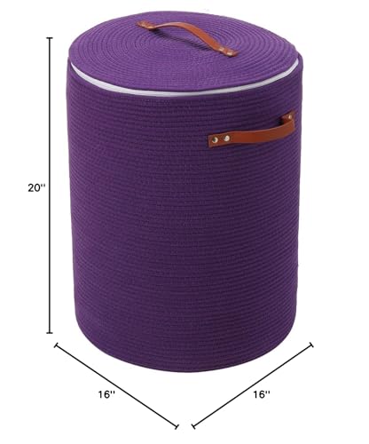 16"x20" Extra Large Cotton Rope Basket with Zipper Lid, Woven Laundry Hamper and Blanket Storage Basket, Round Clothes Bin for Living Room Bedroom, Purple - color: All Purple