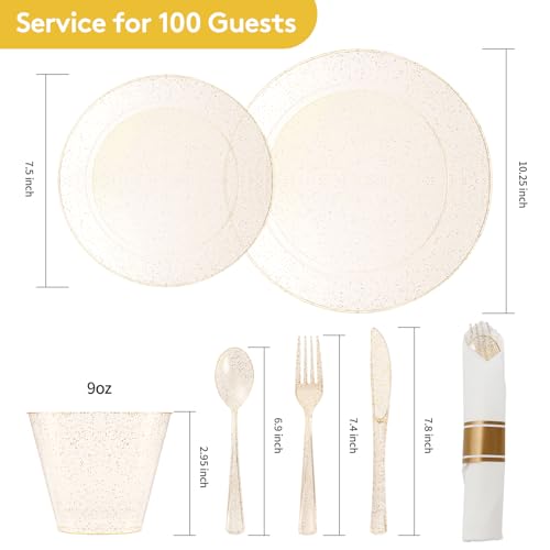 700 Piece Gold Glitter Plastic Dinnerware Set for 100 Guests | Disposable Dinnerware Includes: 100 Dinner Plates, 100 Dessert Plates, 100 Pre Rolled Napkins with Silverware, 100 Cups - color: Gold Glitter, style: 700 Piece (100 guests)