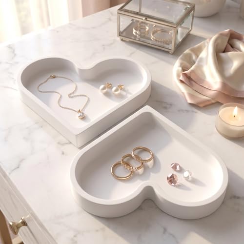 2 Pack Heart Shape Silicone Jewelry Tray, Soft Shatterproof Ring Dish, Small Trinket Tray for Necklace Earrings Keys, Cute Vanity Organizer, Home Decor Gift for Mom Sister Daughter Girlfriend, White - color: White 2P