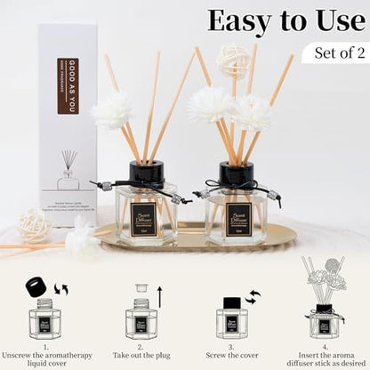 TonJin 2PCS Gardenia Reed Diffuser Set 1.7 fl oz with 6 Scent Sticks, White Floral Home Fragrance, Natural Scented Oil Sticks for Bathroom, Living Room & Bathroom | Non-Toxic Air Freshener