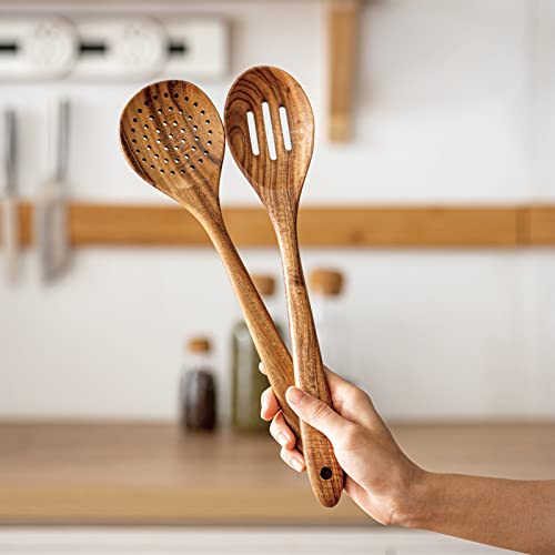 Gudamaye 13 inch Long Wooden Spoons for Cooking,Wooden Utensils for Cooking with Utensils Holder,9 PCES Wooden Kitchen Utensils Set with Utensils Holder and Spoon Rest,Natural Teak Wooden Spoons Set - size: 9 PCS with Holder