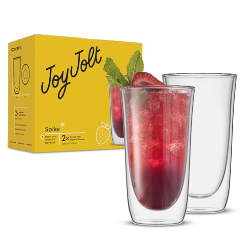 JoyJolt Spike Double Wall Glasses, Cocktail Beer Drinkware Glass Set of 2 - double walled glass 13.5 Ounces