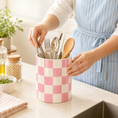 Kitchen Utensil Holder, Pink and White Checkered Ceramic Utensil Holder , Cooking Utensil Crocks for Kitchen Countertop, Kitchen Decorations Rustic Farmhouse Decor