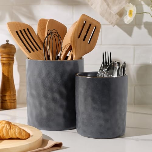 famiware Ceramic Utensil Holder, 7.2"+5.8", Set of 2, Matte Dark Charcoal | Cooking Utensil Crocks, Organizer for Spatula & Spoon, Kitchen Decor, Countertop Storage, Stable and Non-Slip, Reactive Glaze - color: Matte Dark Charcoal