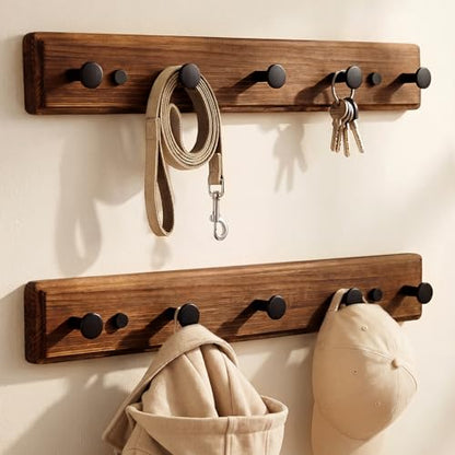 POZEAN Wooden Coat Rack Wall Mount, 2 Pack Wall Mounted Coat Hangers with 5 Smooth Round Hooks, Space Saving Organizer for Entryway,Bathroom, Clothes, Jackets, Hats, Keys(‎Brown Plate & Black Hooks)