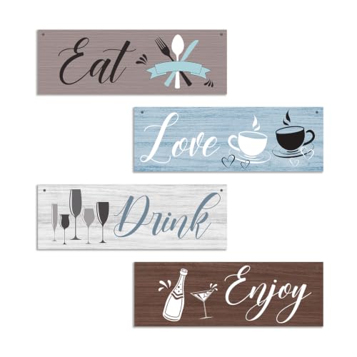 4 Pcs Kitchen Wall Decor Sign, Dining Room Wall Art Decor Gift, Eat Drink Enjoy Love Wooden Hanging Plaque Sign For Farmhouse Home Kitchen Dining Room Coffee Bar Cafe Restaurant -23 - color: Rustic 1