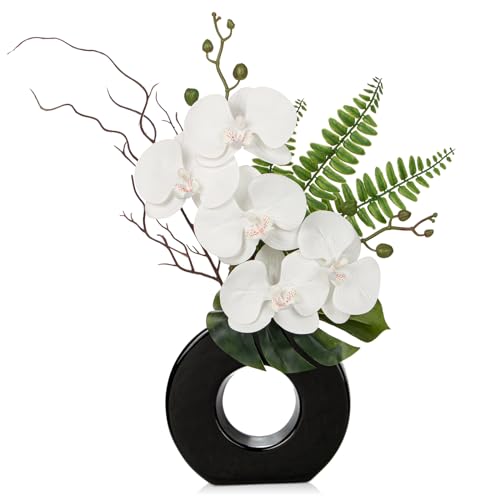 Briful 16.1" Orchid Artificial Flowers in Black Ceramic Vase, White | Realistic Silk Phalaenopsis Blooms Faux Orchid Arrangement for Bathroom Vanities Desks Entryways Tabletop Home Office Decor - color: White Flowers – Black Vase